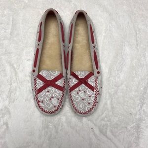 “I heart uggs” gray, white, and red flag slippers size 10